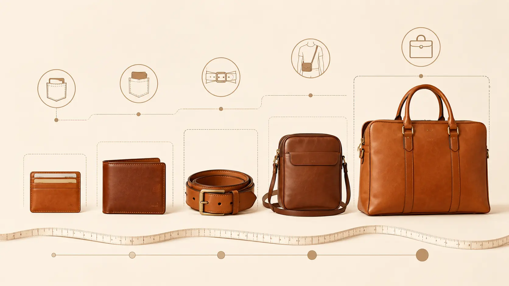 Leather wallets, belt, bag, and briefcase size comparison